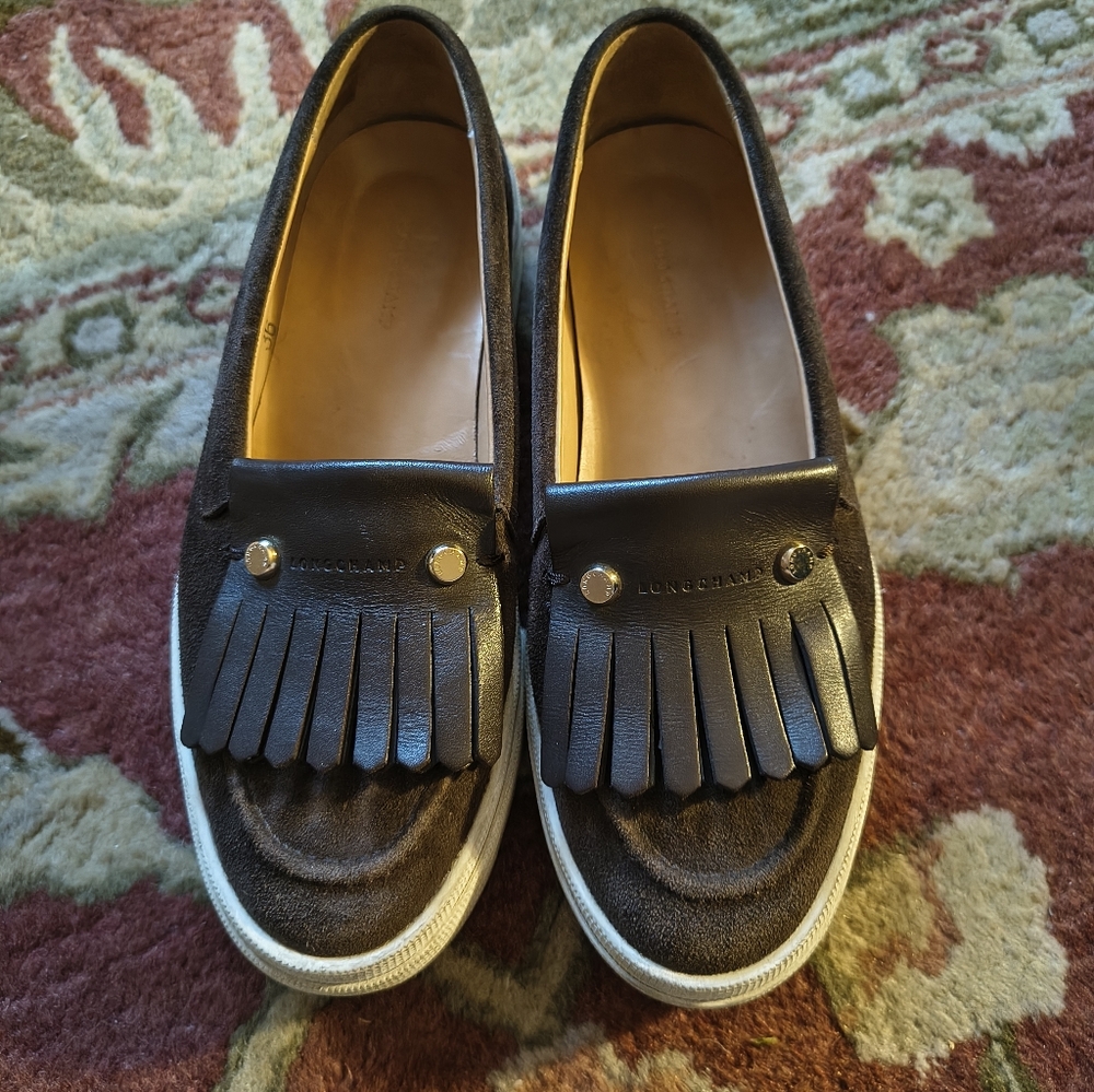 Longchamp Brown Leather And Suede Ghillie Fringe Platform Sneakers 36 - Picture 2 of 9